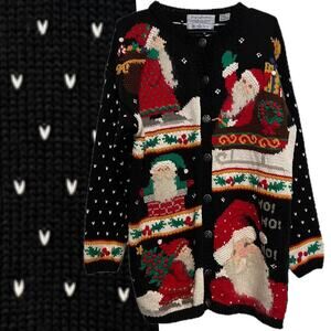 Vintage Christmas Cardigan Sweater Signature by Northern Isles Santa Claus Black